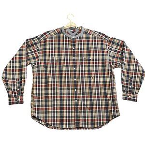 VTG Tommy Hilfiger Band Collar Plaid Shirt Men XL Rare Collarless 90s Streetwear